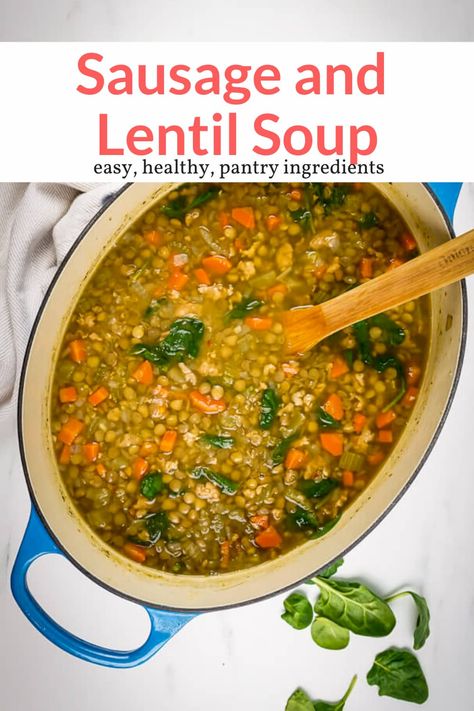 The most delicious sausage and lentil soup made with dried brown lentils. Packed with flavor and made with ingredients you have at home! Perfect for dinner, this healthy recipe from Slender Kitchen is MyWW SmartPoints compliant and gluten free. #freezerfriendly #kidfriendly #makeahead Freezer Lentil Soup, Weight Watchers Lentil Soup, Green Lentil Soup Recipe, Sausage And Lentil Soup, Sausage Lentil Soup, Sausage Lentil, Lentil Sausage Soup, Noom Recipes, Warm Soup Recipes