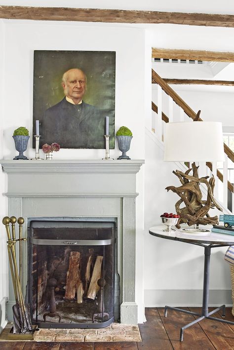 Family Transforms Three-Centuries-Old Cottage Farmhouse Fireplace Mantels, Fireplace Built Ins, Concrete Fireplace, Farmhouse Fireplace, White Fireplace, Faux Fireplace, Old Cottage, Hamptons House, Up House