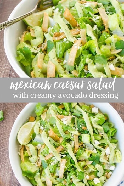 Mexican Caesar Salad with Creamy Avocado Dressing is crisp romaine with pepitas, tortilla strips and cotija cheese tossed in a creamy avocado dressing! #mexican #caesar #salad #recipe Mexican Caesar Salad, Avocado Dressing Recipe, Mexican Salad Recipes, Mexican Salad, Creamy Avocado Dressing, Dressing Salad, Tortilla Strips, Beet Salad Recipes, Mexican Salads