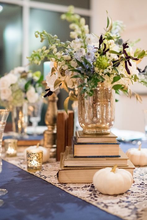 A Spectacular Book Club with Mimosas and Mindy Kaling Book Table Decor Wedding, Fairytale Table Decor, Book Club Decorating Ideas, Tablescape With Books, Library Theme Wedding, Book Club Table Decor, Book Club Table Setting, Book Club Tablescape, Books Table Decor