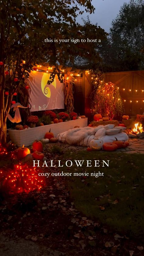 littlehouseonchestnut on Instagram Kids Movie Night Birthday Party, Backyard Pumpkin Patch, Halloween Movie Night Party, Fall Movie Night, Backyard Halloween Party, Backyard Movie Night Party, Spooky Movie Night, Backyard Movie Party, Fall Movie