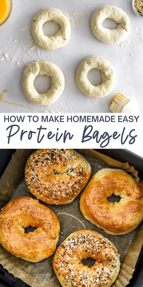 You can make protein bagels right at home with just 3 simple main ingredients. These bagels have 10 grams of protein each and are made with cottage cheese, flour, and baking powder. They come together quickly and can be made in the air fryer or oven. Great for breakfast or lunch any day of the week! Customize the toppings or make them gluten-free! Good Simple Recipes, Protein Heavy Breakfast Ideas, Air Fryer Cottage Cheese Bagels, Lowfat Cottage Cheese Recipes, Gluten Free High Protein Bagels, Protein Bagel Sandwich, Protein Snacks Air Fryer, Simple Homemade Meals, Cottage Cheese Bento Lunch