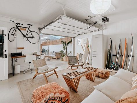 Instagram-Famous Blanco Bungalow Sells for $1.01 Million: Photos Surf Bungalow, Adu Ideas, 1980s Interior, Garage To Living Space, Spanish Bungalow, Converted Garage, Garage Room, Garage Studio, Garage Storage Solutions