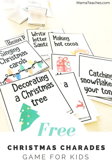 Printable Christmas Charades Game for Kids - Mama Teaches Christmas Charades Printable Free, Christmas Charades For Kids, Xmas Games For Kids, Mac Christmas, Christmas Charades Game, Reindeer Party, Christmas Drama, Charades For Kids, Christmas Charades