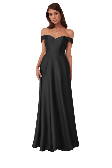 This floor length ball gown features an off shoulder neckline, drop front waist, and pockets. Hallowedding Dress, Black Off The Shoulder Bridesmaid Dress, Maid Of Honor Dress Black, Black Bridesmaids Dresses Off The Shoulder, Black Satin Gown With Sweetheart Neckline, Black Off-shoulder Dress With Sweetheart Neckline, Black Maid Of Honor Dress, Black Floor-length Bridesmaid Dress For Wedding, Elegant Black Floor-length Bridesmaid Dress