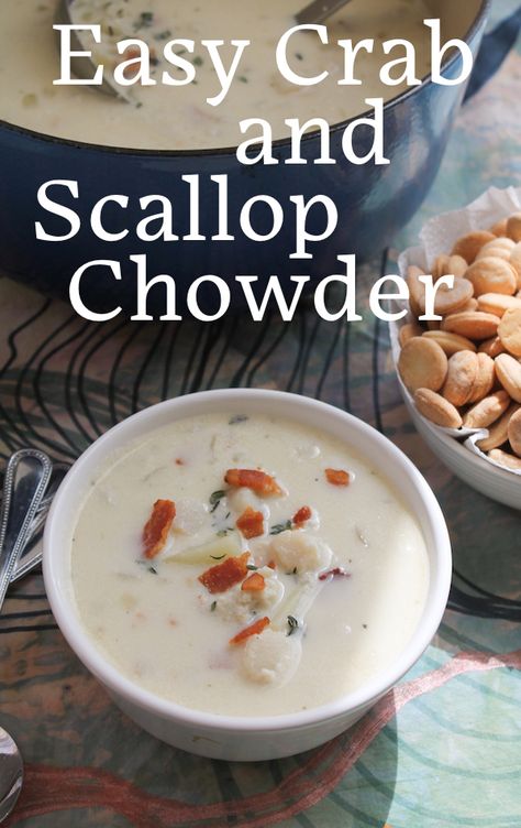 Food Lust People Love: My creamy crab and scallop chowder begins with frying bacon, as all the best recipes do. Pour in the whipping cream, add a whole pound of crabmeat AND a pound of bay scallops, for a deliciously rich mouthful in every spoon. Seafood Chowder Recipes, Scallop Chowder, Filling Soups, Bisque Recipes, Scallops Salad, Bay Scallops, Chowder Recipes Seafood, How To Cook Scallops, Fish Friday