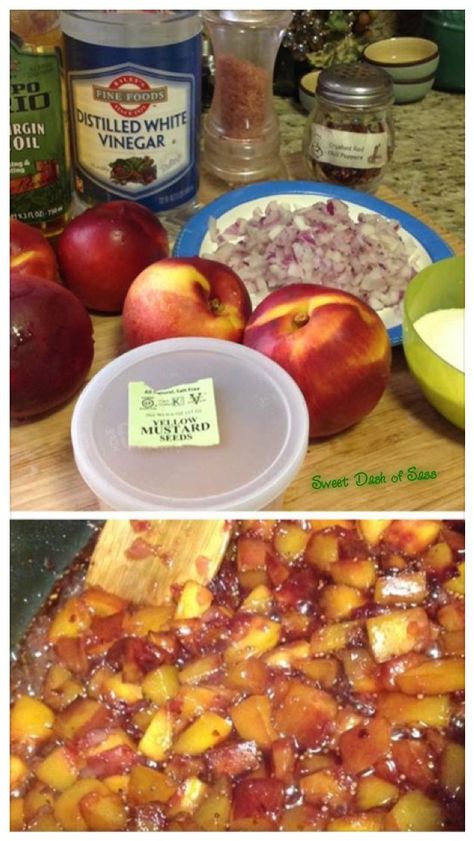 Nectarine Chutney - www.SweetDashofSass.com Nectarine Chutney Recipe, Nectarine Chutney, Roasted Nectarines, Nectarine Recipes, Yellow Mustard Seeds, Canned Food Storage, Spiralizer Recipes, Mustard Seeds, Chutney Recipes