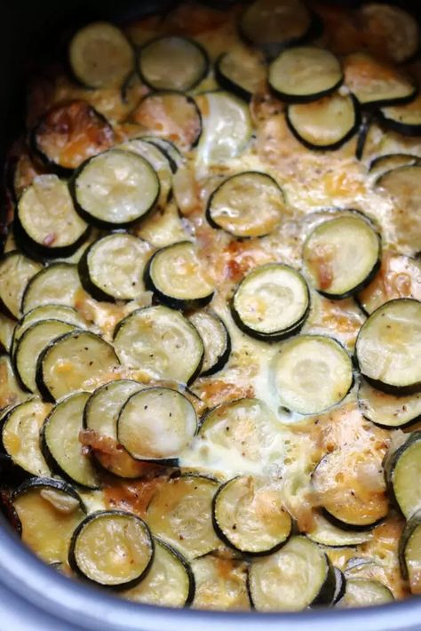 Ma Fern's Casserole--a zucchini squash casserole side dish that you can make in the slow cooker (or stove and oven). It's got cheddar cheese in it, and it's really flavorful without any canned soup or breadcrumbs. Zucchini Squash Casserole, Zucchini Lasagna Rolls, Summer Squash Recipes, Casserole Side Dishes, Canned Soup, Crockpot Casserole, Zucchini Casserole, Zucchini Squash, Squash Casserole