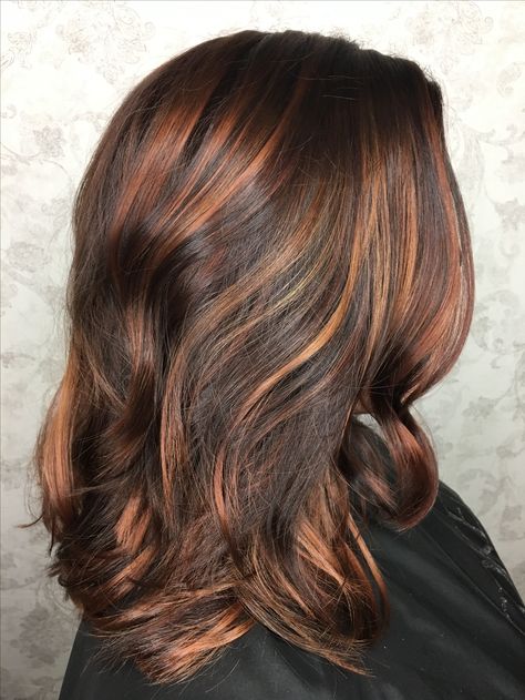 Dark Brown Hair Ginger Highlights, Dark Hair Orange Highlights, Ginger Highlights In Dark Brown Hair, Brunette Hair With Orange Highlights, Black With Auburn Highlights, Caramel Highlights On Red Hair, Dark Brown Hair With Orange Highlights, Dark Ginger Highlights, Brown Hair Amber Highlights