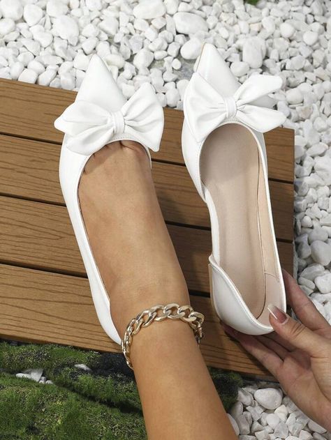 Free Returns ✓ Free Shipping✓. Women Bow Decor Point Toe Ballet Flats, Elegant Flats- undefined at SHEIN. White Wedding Shoes Flats, Prom Flats, Bride Shoes Flats, Wedding Flats For Bride, Flat Prom Shoes, Bride Flats, Wedding Ballet Flats, White Ballet Flats, Elegant Wedding Shoes