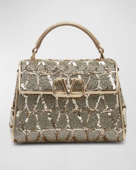 V5VV5 Valentino Garavani VSLING Iconographe Mini Sequins Top-Handle Bag Valentino Menswear, Florence Fashion, Valentino Fashion, Valentino Clothing, High Fashion Women, Valentino Women, Valentino Bags, Sequin Top, Handle Bag