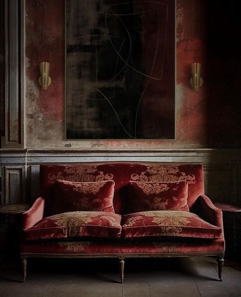 Vintage Living Room Design, Red Velvet Sofa, Lemieux Et Cie, Red Magnolia, Timeless Living Room, Red Damask, Red Bedroom, Brown Rooms, Distressed Walls