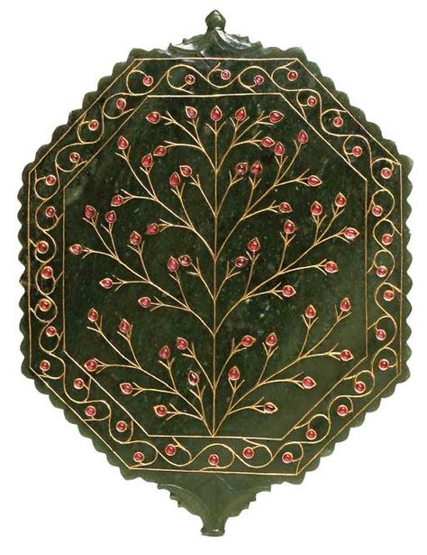 A MUGHAL GEM-SET AND GOLD INLAID SPINACH GREEN NEPHRITE JADE MIRROR Architecture Textiles, Mughal Jewellery, Mughal Designs, Mughal Jewelry, Mughal Miniature Paintings, Indian Arts And Crafts, Mughal Architecture, Mughal Paintings, Mughal Empire