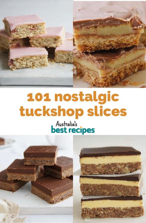 Whether you’re looking for a quick slice to have alongside your morning cuppa, or something to serve up at your next bake sale, it’s hard to go past these retro-style recipes. #slices #baking #dessert #tuckshop #oldschoolrecipes #classicrecipes #australia #australian #australianrecipes Cwa Recipes Australia, Homemade Bake Sale Ideas, Sweet Slices Recipes, Quick Slices Recipes, Quick And Easy Slices, Easy Slice Recipes, Australian Slice Recipes, Quick And Easy Slice Recipes, Slices Recipes Easy