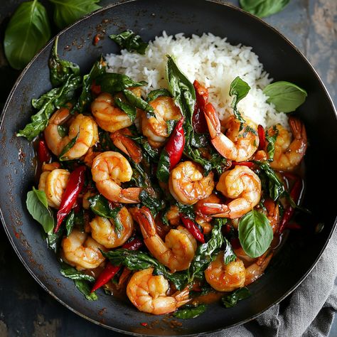 This quick and fiery Spicy Prawn and Basil Stir-Fry is a bold Thai-inspired dish that combines tender prawns with aromatic garlic, chilli, and fresh basil. It's perfect for a weeknight dinner when you crave something both spicy and savoury. Serve it with steamed jasmine rice or noodles to soak up the rich, flavourful s Prawns Stir Fry, Thai Prawn Recipes, Thai Prawns, Prawn Stir Fry, Thai Stir Fry, Spicy Prawns, Shrimp Stir Fry, Prawn Recipes, Curry Shrimp