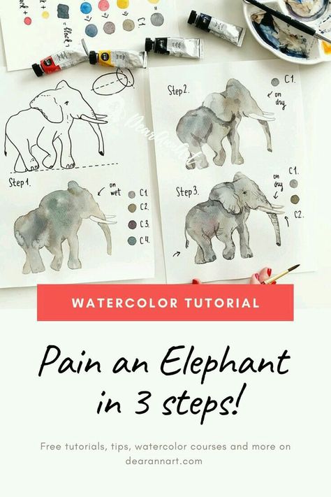 Paint An Elephant, Watercolor Steps, Watercolors Tutorial, Nails Animals, Watercolor Paintings Of Animals, Canvas Flowers, Learn Watercolor Painting, Step By Step Watercolor, Watercolor Beginner