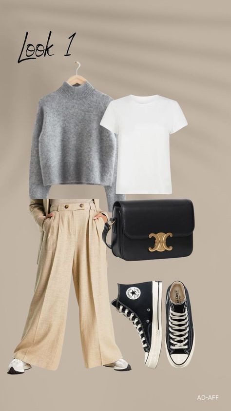 Khaki Trousers Outfit Winter, Jumper And Wide Leg Trousers, Grey Wide Leg Pants Outfits Casual, Smart Casual Wide Leg Pants Outfit, Cargo Trousers Outfit Women, Beige Trouser Outfit Women, Gray Wide Leg Pants Outfit, Grey Wide Leg Trousers Outfit, Loose Trousers Outfit