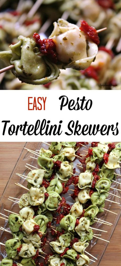 These Easy Pesto Tortellini Skewers are served up room temperature (or cold) making them a great choice for bringing along to potlucks, BBQ's, and brunches. Pizza Skewers, Pesto Tortellini Skewers, Friendsgiving Recipes Appetizers, Tortellini Skewers, Pesto Tortellini, Easter Appetizers, Pesto Pizza, Cold Appetizers, Party Appetizers