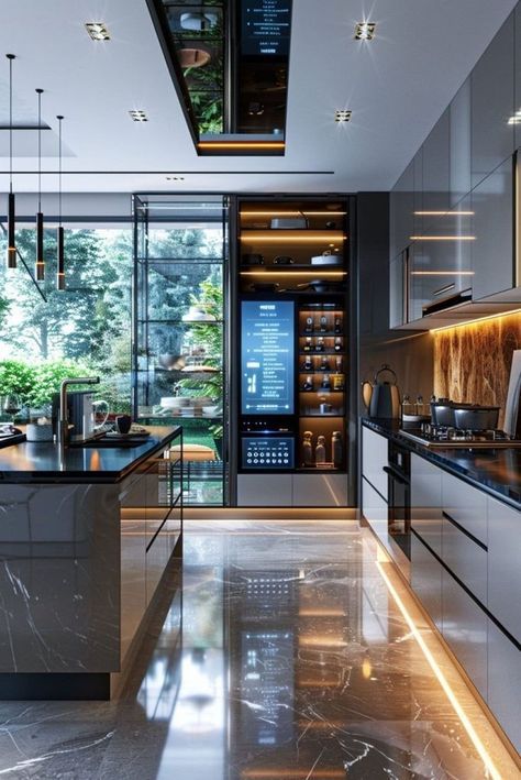 #homedecor, #interiordesign, #homedesign, #decor inspiration Smart Home Aesthetic, Shiny Kitchen Cabinets, Luxury Fridge, Traditional Farmhouse Kitchen, Glossy Kitchen, Elegant Kitchen Decor, Modern Luxury Kitchen, Elegant Kitchen Design, Kitchen Technology