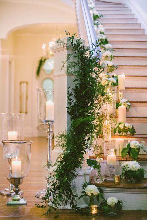 stair banister decor cascading candles and loose greenery Wedding Stairs, Wedding Staircase, Wedding Reception Entrance, Bridal Decor, Reception Entrance, Wedding Ceremony Ideas, Gold Wedding Inspiration, Staircase Decor, Refined Wedding