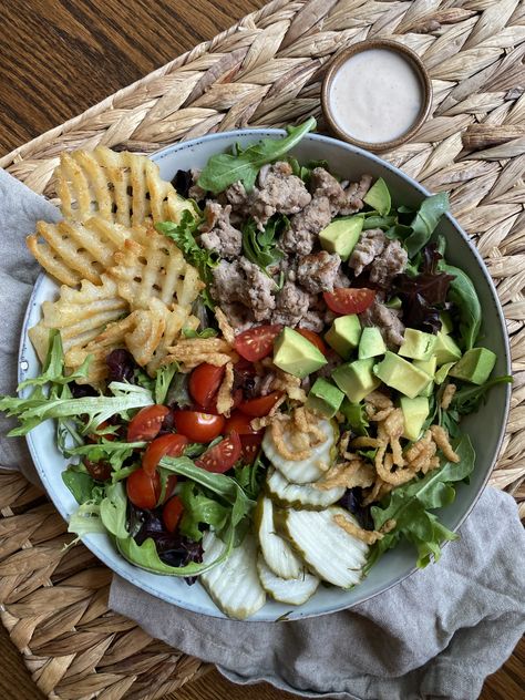 Turkey Burger Bowl Salad with Seasoned Sour Cream (dairy free) Turkey Burger Bowls, Turkey Burger Bowl, Seasoned Ground Turkey, Seasoned Sour Cream, Burger Bowl, Burger Bowls, Everyone Leaves, Turkey Salad, Waffle Fries