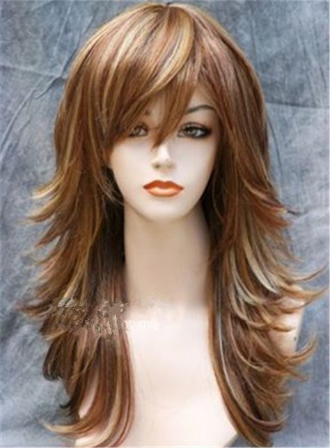 Long Mixed color Layered Side Wavy Hairstyle Synthetic Capless Wig 18 Inches Long Brunette Hair With Layers And Highlights, Long Hair Styles With Layers For Over 50, Long Shag Haircut Choppy Layers, Shaggy Long Hair Choppy Layers, Waterfall Layers Haircut, Long Shag Haircut, Long Layered Haircuts, Short Hairstyle, Long Layered Hair