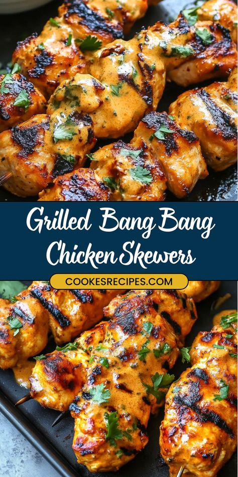 Bang Bang Chicken Skewers Recipe Chicken Thigh Skewers, Bang Bang Chicken Skewers, Sweet Fire Chicken, Easy Food Dishes, Skewered Chicken, Best Grill Recipes, Chicken Breast Oven Recipes, Bang Bang Sauce, Juicy Chicken Thighs