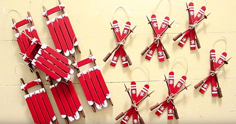 Diy Christmas Ornaments Ski, Sled Ornaments Diy, Sleigh Ornaments Diy, Ski Ornaments Diy, Ski Ornaments, Diy Sleigh, Diy Sled, Ornament Crafts For Kids, Popsicle Stick Diy