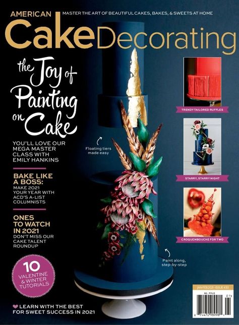 Front cover of American Cake Decorating Magazine! Cake Magazine Cover, Media Coursework, Cake Magazine, Hand Painted Wedding Cake, Graphic Design Magazine, Painted Wedding Cake, American Cake, Paper Feathers, The Joy Of Painting