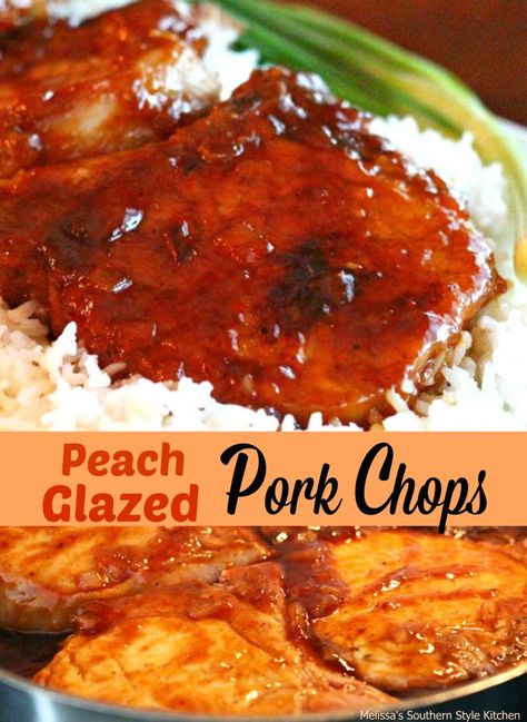 Peach Glazed Pork Chops - These sticky and sweet spiced peach glazed pork chops are a family favorite. For this dish, I use 1-inch thick bone-in pork chops giving this pork dish a fantastic flavor. Peach Glazed Pork Chops, Pork Lion Recipes, Peach Pork Chops, Pork Ribs Recipe, Bbq Pork Ribs, Pork Chop Recipes Baked, Glazed Pork Chops, Pork Chop Dinner, Glazed Pork