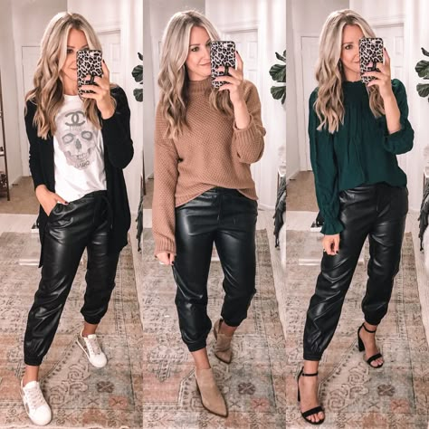 Jogger Piel Outfit, Faux Leather Cargo Pants Outfit, Cargo Leather Pants Outfit, Black Leather Joggers Outfits, Joggers Outfit Mujer, Leather Cargo Pants Outfit, Leather Joggers Outfit, Faux Leather Pants Outfit, Outfit Ideas Everyday