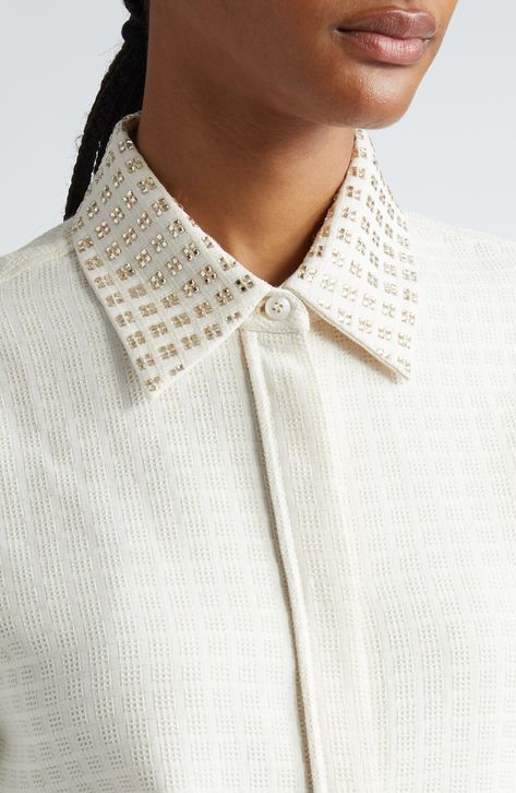 A grid of crystals are hand-embellished on the collar of this button-up shirt that's further elevated in geometric, waffle-like jacquard. Hidden-button placket Spread collar Long sleeves with two-button cuffs 51% cotton, 49% viscose Dry clean Made in Italy Designer Clothing Embellished Shirt, Designer Clothing Brands, Embellished Collar, Jacquard Shirt, 15 August, Golden Goose Deluxe Brand, Collar Pattern, Women Long Sleeve Tops, Collar Top