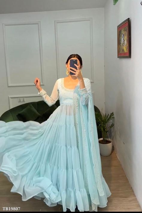 For price or more details DM me Blue Anarkali Dress, Women Gown, Kurta With Dupatta, Blue Anarkali, Blue Colour Dress, Simple Frock Design, Desi Dress, Gown With Dupatta, Anarkali Dress Pattern