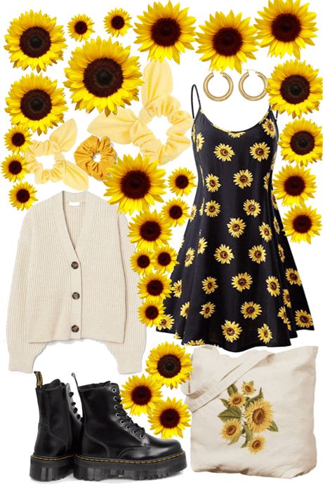 90s Sunflower Dress Outfit, Sun Flower Outfit, Sunflower Aesthetic Clothes, Suncore Aesthetic Outfits, Harry Styles Summer Outfit, Sunflower Inspired Outfit, Sunshine Outfit Aesthetic, Sunflower Aesthetic Outfit, Sunflower Dress Aesthetic