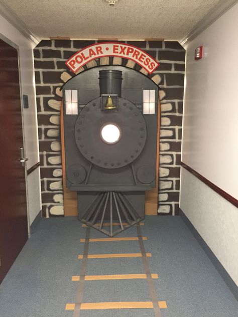 Our polar express train Polar Express Door Ideas, Diy Hogwarts Express, Polar Express Backdrop, Polar Express Door, Polar Express Office Decor, Train Door, Polar Express Train Diy, Polar Express Play Props, North Pole Office Decorations