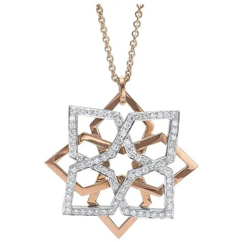 For Sale on 1stDibs - This edgy pendant is a geometric design in a shiny 18 karat rose gold layered with a white gold section set with a single row of round brilliant diamonds. Dancing Diamond, Geometric Rose, Islamic Jewelry, Art Jewelry Design, Geometric Bracelet, Wide Cuff Bracelets, Rose Gold Chain, Rose Jewelry, Geometric Pendant