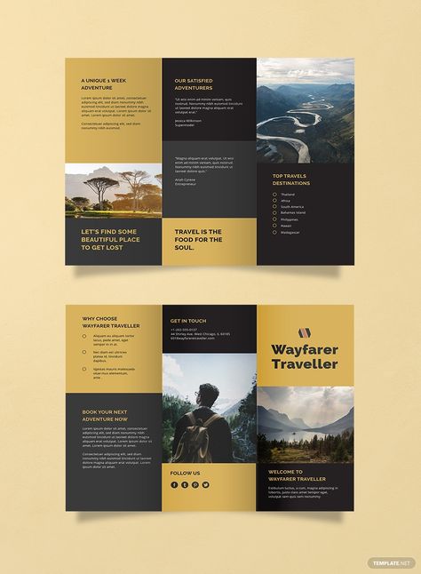 Download this free and printable A4 tri-fold brochure template that is perfect for promoting a travel agency and the services it provides. This is easy to edit and fully customizable in all versions of Photoshop and Illustrator. Travel Agency Brochure Design, Travel Brochure Design, Brochure Ideas, Brochure Design Layout, Brochure Inspiration, Template Brochure, Trifold Brochure Design, Travel Brochure Template, Pamphlet Design