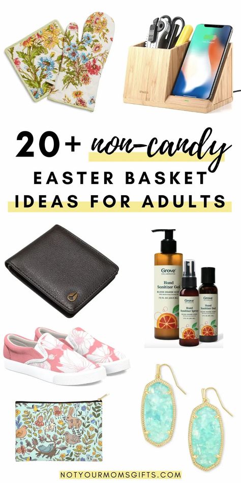 If you’re looking for some unique Easter basket ideas for grown-ups, you’re in the right place, friend. No matter who you’re shopping for, these 20+ non-candy Easter basket ideas for adults will guarantee they’ll have an awesome Easter Sunday! | non candy easter baskets for adults | adult easter gifts | easter gift ideas for adults | easter gifts for adults unique | non candy easter egg fillers | easter gifts non-candy | adult easter basket ideas | notyourmomsgifts.com Easter Basket Gift Ideas For Adults, Easter Gift For Mom, Grown Up Easter Basket, Non Candy Easter Egg Fillers, Adult Easter Basket Ideas, Easter Gift Ideas For Adults, Easter Basket Ideas For Adults, Unique Easter Basket Ideas, Easter Gifts For Adults