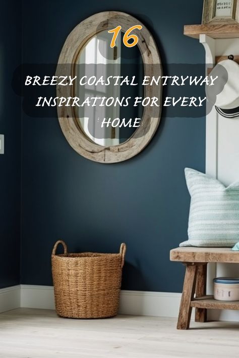 I love how this entryway captures the essence of coastal living! The deep blue walls paired with natural textures create a warm and inviting space. The round mirror adds a rustic charm, while the woven basket brings in that beachy vibe. It’s the perfect blend of function and style, making every entrance feel like a breath of fresh air. Nautical Hallway Ideas, Coastal Entrance Hall, Deep Blue Walls, Coastal Entryway Ideas, Coastal Design Ideas, Coastal Entryway, Entryway Inspiration, Welcoming Home, Entryway Ideas