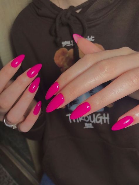 Pink Nails Fucsia, Hot Pink Trendy Nails, Nails Trending Now 2024 Summer, Barbie Pink Nails Almond Shape, Neon Pink And White Nails, Barbie Pink Almond Nails, Neon Pink Almond Nails, Neon Pink Gel Nails, Bright Pink Almond Nails