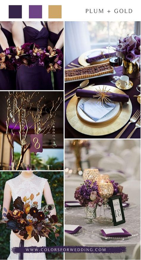 Plum Wedding Colors, Wedding Color Schemes Purple, Wedding Invitations Purple, Dark Purple Wedding, Wedding Theme Color Schemes, Purple And Silver Wedding, Dark Wedding Theme, Purple And Gold Wedding, Wedding Color Palettes