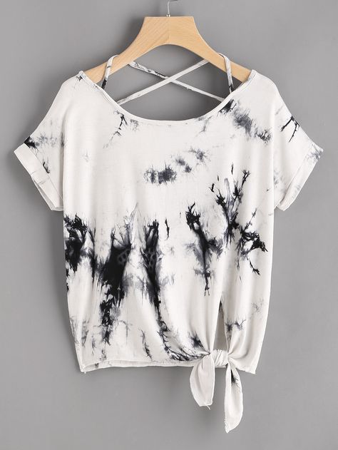 Shop Knot Front Crisscross Tie Dye T-shirt online. SheIn offers Knot Front Crisscross Tie Dye T-shirt & more to fit your fashionable needs. Knotted Shirt, Black And White T Shirts, Trendy Fashion Tops, Crop Top Outfits, Fashion Attire, Tie Dye T Shirts, Girls Fashion Clothes, Teenage Fashion Outfits, Teen Fashion Outfits