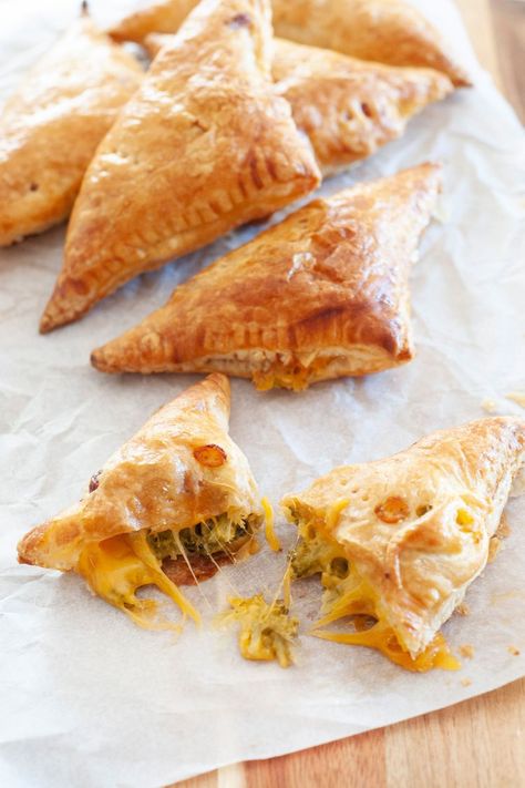 Broccoli Cheddar Hand Pies Broccoli Cheese Pie, Broccoli Cheddar Puff Pastry, Vegetarian Hand Pies, Pastry Sandwiches, Football Munchies, Cold Pea Salad, Puff Pastry Recipes Savory, Dips Appetizers, Cheese Puff