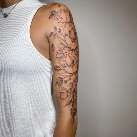 Shoulder Lotus Flower Tattoo, Lotus Flower Sleeve Tattoo For Women, Lotus Sleeve Tattoo Women, Lotus Tattoo Back Of Arm, Lotus Flower Arm Sleeve Tattoo, Lotus Flower Arm Tattoo Half Sleeves, Lotus Flower Shoulder Tattoo For Women, Lotus Flower Tattoo Bicep, Lotus Bicep Tattoo