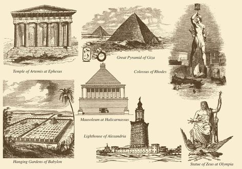 Seven Wonders Of The World Wonders Of The World Drawing, The World Aesthetic, The World Drawing, 7 World Wonders, Ancient World Maps, World Drawing, 7 Wonders Of The World, Seven Wonders Of The World, Gardens Of Babylon