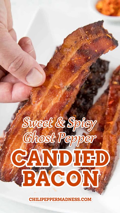 This recipe is no joke. It is seriously one of the tastiest bites I’ve had in a while, and DANG! I’ve had a lot of bites. Truly, there is something about candied bacon that, after a single bite, overwhelms your other senses, forces your brain to center solely on the pleasure of your taste buds, forgoing all other sensory input. #candiedbacon #sweetandspicy #ghostpepper #bacon #baconrecipe | chilipeppermadness.com @chilipeppermadness Recipes With Ghost Peppers, Ghost Pepper Recipes, Candied Bacon Recipe, Spicy Bacon, Chili Pepper Recipes, Authentic Mexican Recipes, Ghost Pepper, Bacon Recipe, Candied Bacon