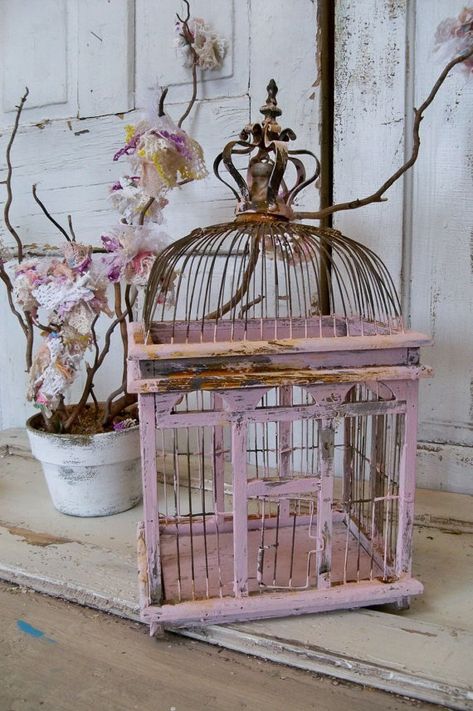 Soft pink bird cage romantic muted with crown distressed rusted shabby chic home decor Anita Spero Buttercup Cottage, Interior Boho, Decoration Shabby, Bird Cage Decor, Vintage Bird Cage, Decor Shabby Chic, Pink Bird, Bird Cages, Wooden Bird