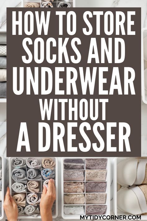 Looking for tips on how to organize socks and underwear without a dresser? Here are creative storage options you may find helpful. Dresser Storage Ideas, Organize Socks, Moving Into An Apartment, Undergarment Organization, Dresser Top Organization Ideas, Panty Organization, Lingerie Organization, Lingerie Storage, Sock Drawer Organization