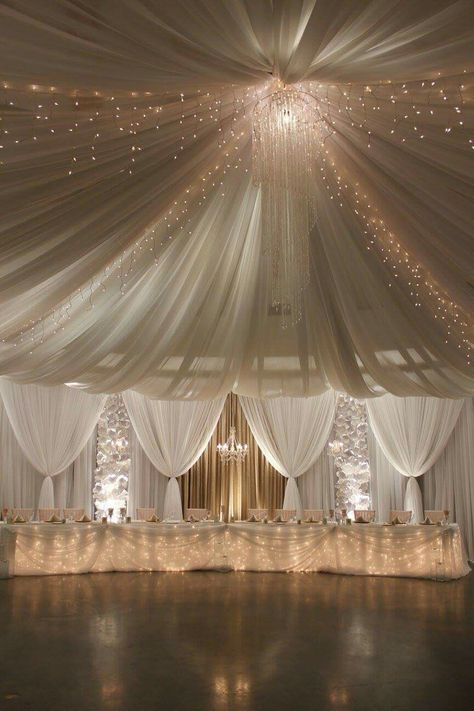 Drapes For Quince, Venue Ceiling Decoration, Champagne Venue Quince, Champagne Quince Court, Champagne 15 Decorations, Quince Ceiling Decorations, White And Gold Quince Decorations, Quince Hall Decorations, White Quinceanera Decorations