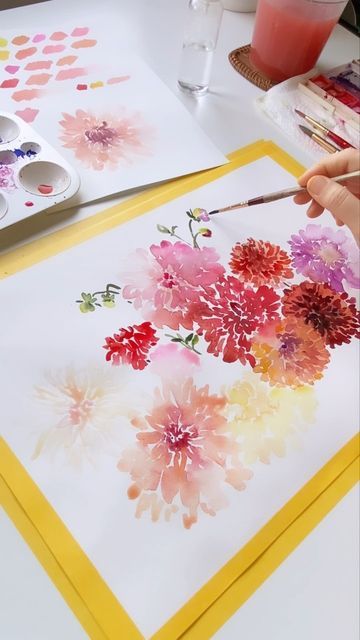 Farah on Instagram: "Fluffy Dahlia blooms for the weekend! Enjoy 😊 Learn to paint Dahlia. Link in bio #watercolor #watercolorpainting #dahlias #cafeaulait ©️paintstobrushes" Watercolour Dahlia Flower, Dahlia Painting Watercolors, Diy Large Watercolor Wall Art, How To Paint Watercolor Dahlias, Watercolor Dahlia Tutorial, How To Paint Dahlias, Dahlia Flower Watercolor, Dalia Watercolor, Watercolour Dahlia